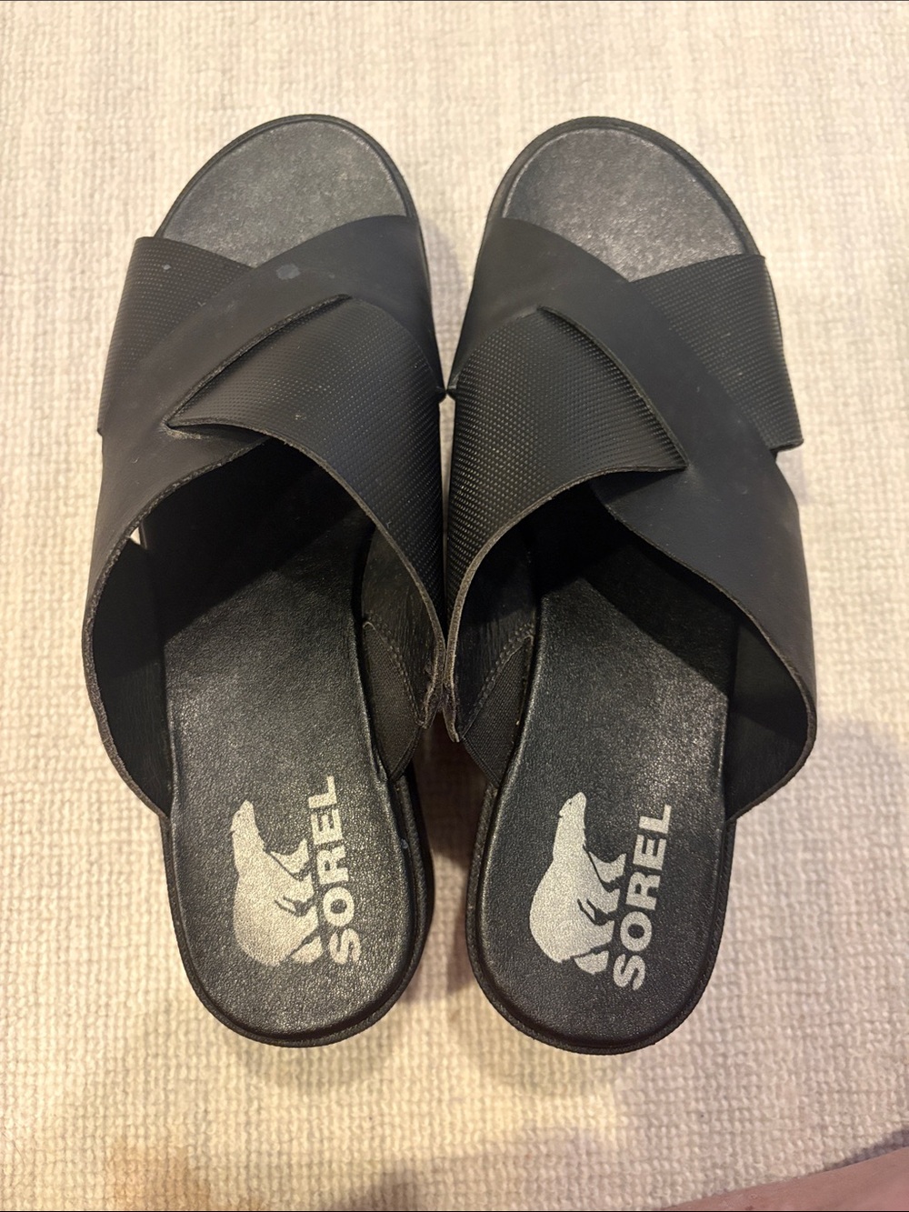 Sorel Cameron Leather Black Cross-Strap Slide Sandals